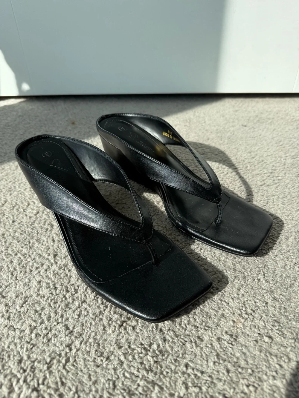 Black Leather Thong Heels with Square Toe - Women's
